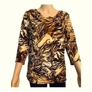 AK Anne Klein retro fall flowy tiger print top 3/4 sleeve draped neckline WomenM
